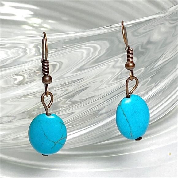 Beaded Simulated Turquoise Pierced Earrings Dangle Antiqued Copper Tone Hooks - Picture 1 of 5